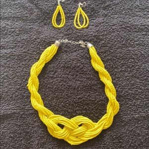 Yellow seed bead necklace with matching earrings
